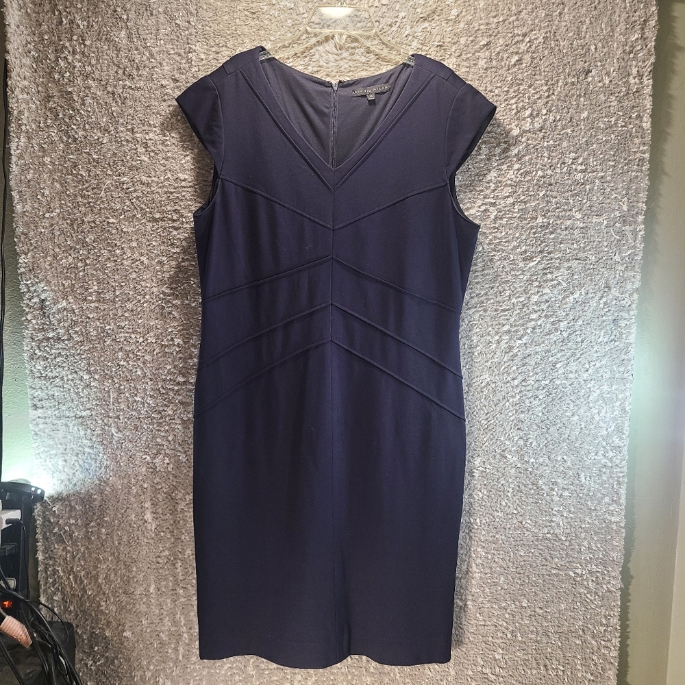Antonio Melani Sheath Dress Women 12 Black Navy Cap Sleeve Lined Rayon Nylon